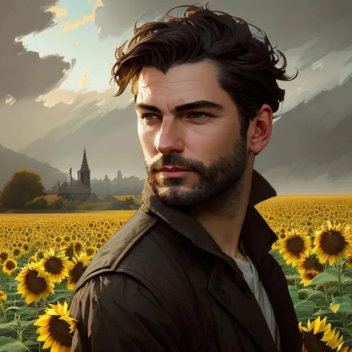 Prompt: Splash art portrait of a lean ruggedly handsome dark brown haired man with short hair, with a very light stubble, 30 years old, in a sunflower field, very dark brown eyes, victorian light clothes, elegant, highly detailed, intricate, smooth, sharp focus, artstation, digital painting, concept art, art by greg rutkowski, alphonse mucha and John William Waterhouse, light, romantic, 