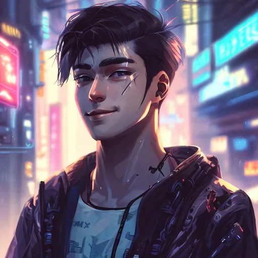 Prompt: Early 20's man in a cyberpunk setting, gentle smile
