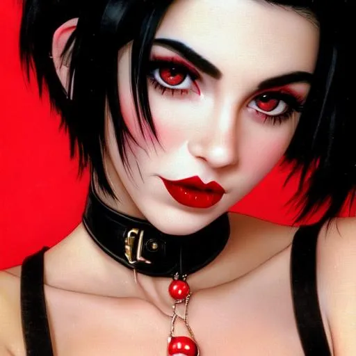 Prompt: 90's girl,black hair, red lips, facial closeup
