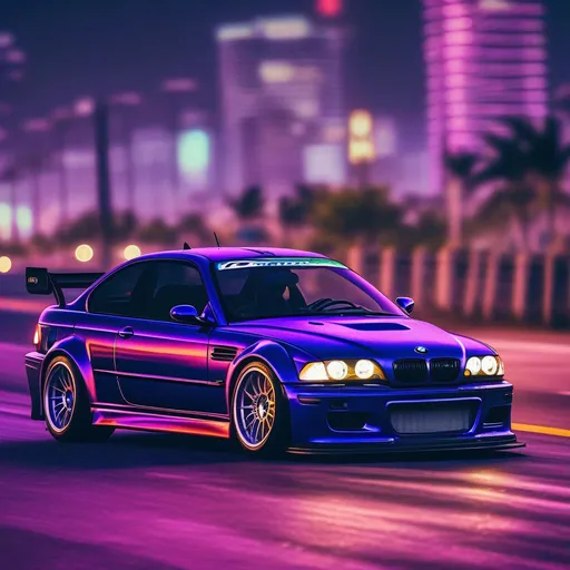 Prompt: 2001 BMW M3 E46 GTR, synthwave, aesthetic cyberpunk, miami, highway, dusk, neon lights, coastal highway, dusk, neon lights, coastal highway, sunset, drift, nurburgring, water on the road, blade runner, 64k, watercolor, macro sharp focus, 8, hyper realistic, cinematic, highly detailed, photoraelistic, clean