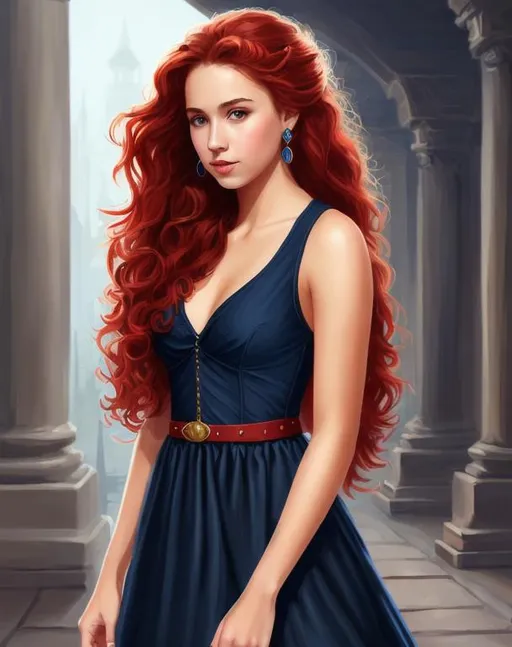 Prompt: Attractive teenaged human female, small tiny flat chested, long pretty navy dress with bodice and long curly red hair, highly detailed, digital painting, Trending on artstation, HD quality, d&d, fantasy, high art (retain models  face)