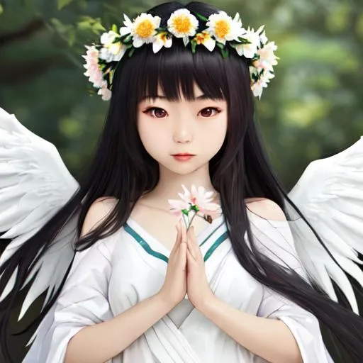 Prompt: Asian girl, Long hair,  white skin, angel wings, flower crown 