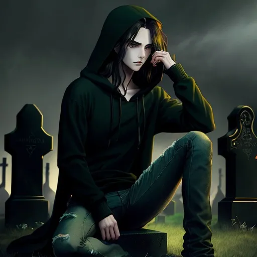 Prompt: Anime illustration of a man with long dark brown hair, soft green eyes, a carefree look, wearing a black hoodie and skinny jeans, sitting in a cemetery, gothic anime style, detailed facial features, anime, moody lighting, dark and eerie atmosphere, detailed hair, somber mood, anime, gothic, dark tones, atmospheric lighting, carefree, spirit, yokai, ghost, apparition, grave, lost, green, eye, 