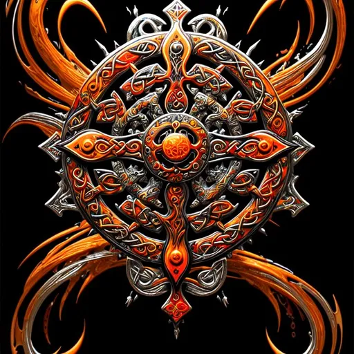 Prompt: beautiful freeform colorful chaos epic bold, 3D, HD, {one}({liquid metal {celtic}cross with {Orange gold brown red silver black}ink), expansive psychedelic background --s99500 