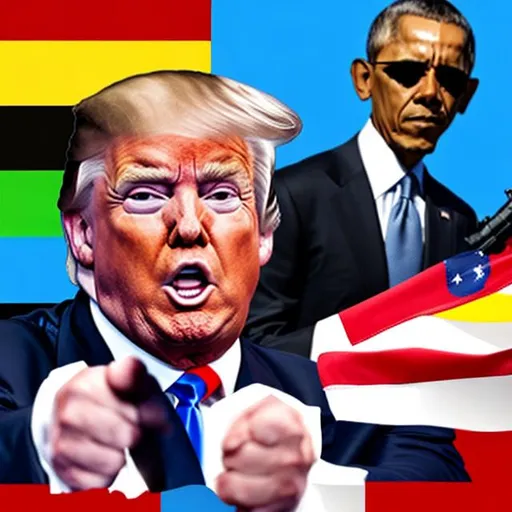 Prompt:  Donald trump with a gun to joe bidens head with barack obama crying. Gay pride flag in background