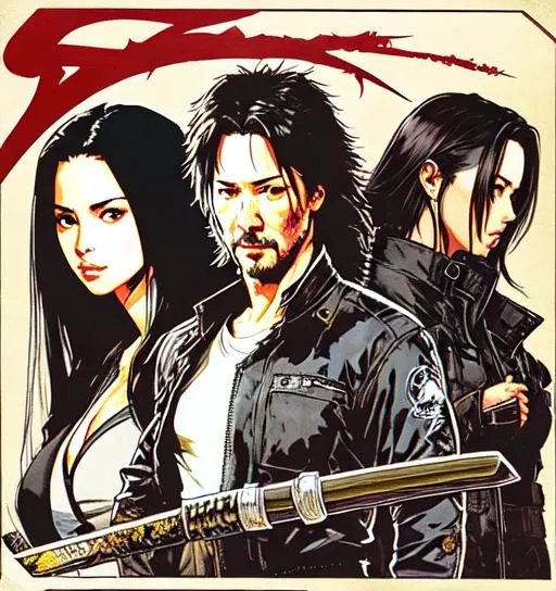 Prompt: 3 people (((Yoji Shinkawa))), sticker of ultra detailed portrait of Aaliyah Dana Haughton + Keanu Reeves + Olivia  Munn in black ninja outfit holding sheathed katana, high quality cell shaded illustration in post apocalyptic style by Yoji Shinkawa, ((full body)), dynamic pose, perfect anatomy, centered, freedom, soul, black long hair, approach to perfection, cell shading, 4k , cinematic dramatic atmosphere, watercolor painting, global illumination, detailed and intricate environment, artstation, concept art, fluid and sharp focus, volumetric lighting, cinematic lighting, Art by Yoji Shinkawa,