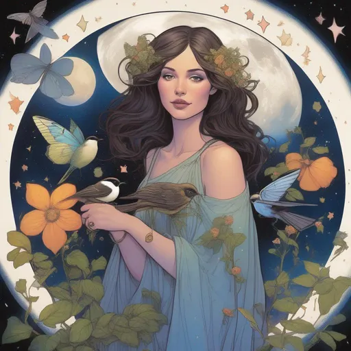 Prompt: A beautiful and colourful picture of Persephone with brunette hair and with an American Moon Moth, forget-me-not flowers, a chickadee bird, and strawberry plants surrounding her, framed by the moon and constellations in a marvel comics style