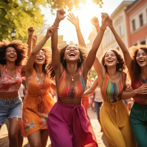 Prompt: (joyful scene) vibrant colors, (bursting with exuberance), happiness radiating, women laughing and embracing joy, diverse group celebrating together, lively atmosphere, colorful outfits, sunlight streaming through, a park or outdoor setting, high-energy expressions, festive ambiance, ultra-detailed, 4K resolution, capturing the essence of community and positivity.