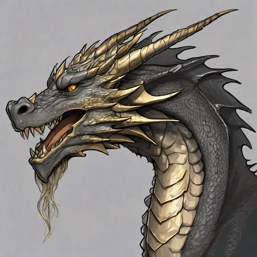 Prompt: Concept design of a dragon. Dragon head portrait. Side view. The dragon has a closed mouth. Coloring in the dragon is predominantly dark grey with light gold streaks and details present.