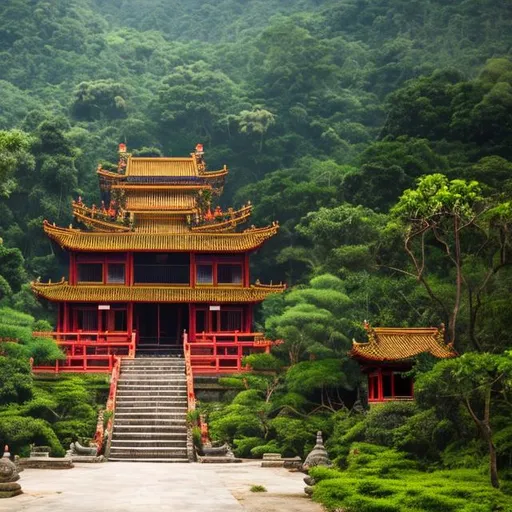 Prompt: Ancient Mandarin Temple on a secluded Island with jungle