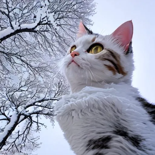 Prompt: cat sitting below oak tree covered in a blanket of snow, at it looks up to the sky