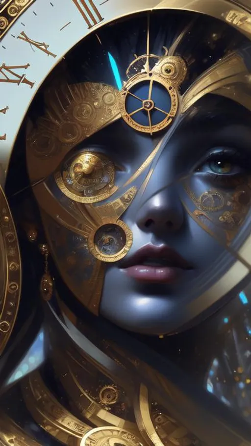 Prompt: the time goddess. She controls the time. stunning face. she is made of clock internal pieces.  Intricate metallic details. beautiful background. gerhartz, artgerm, rutkowski, van Gogh style 