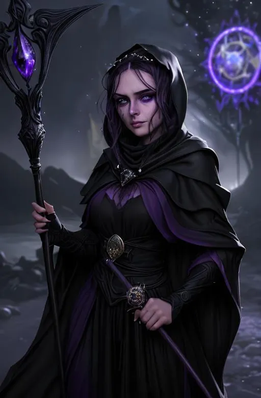 Prompt: A beautiful young European woman with piercing purple eyes, runny makeup from crying and a worried look on her face, she is wearing a dark cloak and a cowl that mostly covers her features. She holds a magic staff in her right hand, the staff has a shining jewel on top of it. Portrait waist down. At night. Sinister cosmic lights in the background.