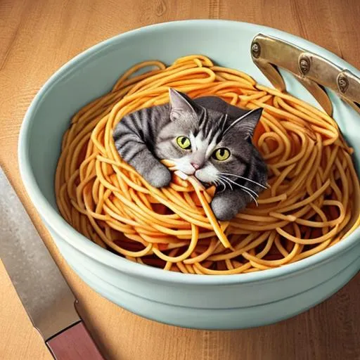 Prompt: Cat holding a sword sitting in a big bowl of spaghetti 