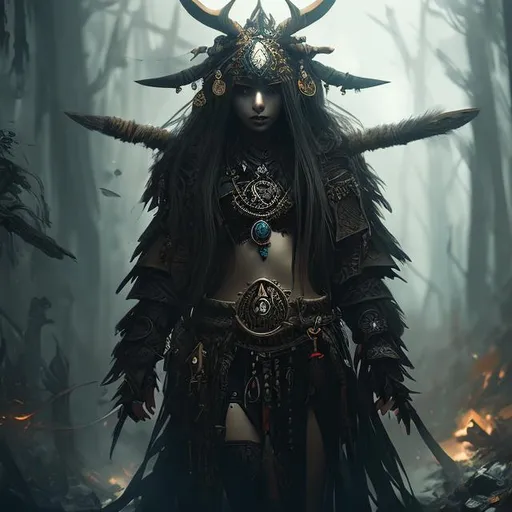 Prompt: Splash art, bone shaman, magic, tribal, by wlop, very detailed, trending on art station, dark fantasy atmosphere