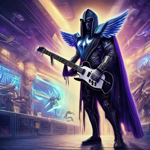 Prompt: Bodybuilding Assyrian Winged robed warrior playing guitar for tips in a busy alien mall, widescreen, infinity vanishing point, galaxy background