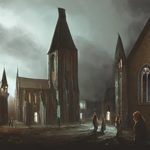 Prompt: 8k, Hd, medieval  fantasy, ground level, 8k, Night Time, suspicious activities, concept art, by Willem van Veldhuizen, Church, crowd