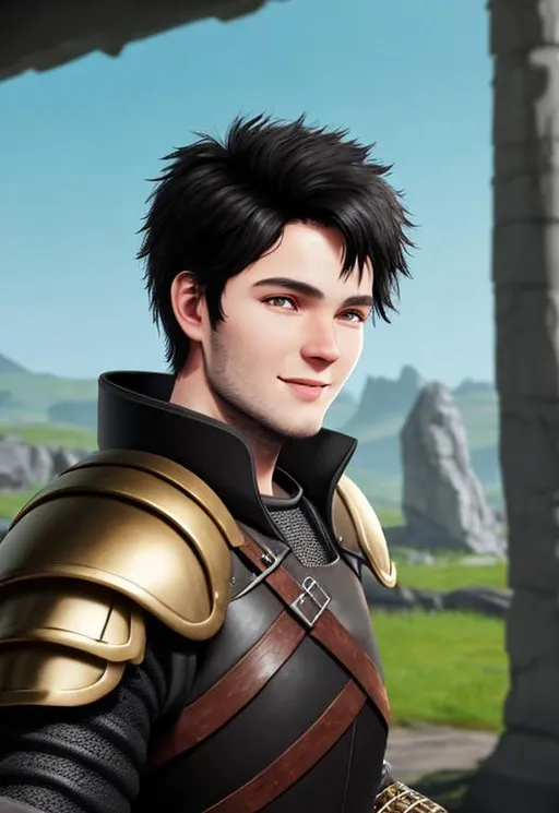 Prompt: Digital art, 22-year-old viking man, black hair. yellow armor. blue gear. medium-length black hair, subtle smile, black stubble beard, hazel eyes, adventurer, blue sky background, unreal engine 8k octane, 3d lighting