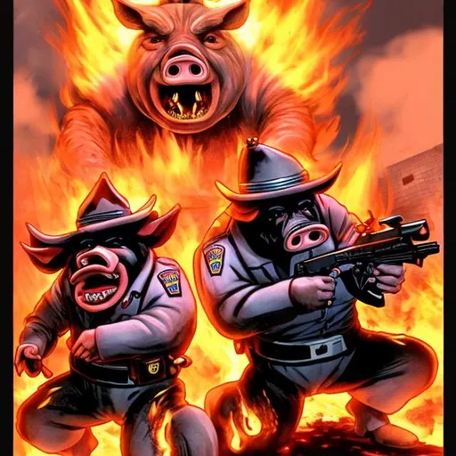 Prompt: Two bipedal pig-cops in their police uniforms  are screaming, & burning in hell,  while being whipped by a demon.