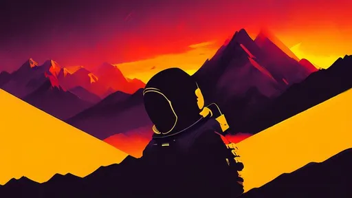 Prompt: silhouette of astronaut on the andes mountain range, sharp edges, at sunset, horizon silhouette, by Alena Aenami