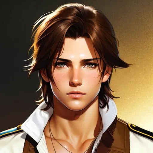 Prompt: Upper body portrait of Squall Leonhart, 17 years old, brown hair, tan skin, soldier clothes, intricate, detailed face. by Ilya Kuvshinov and Alphonse Mucha. Dreamy, sparkles