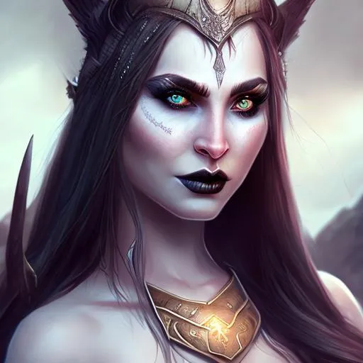 Prompt: Female Orc with white skin and tusks, female, woman,  tusks, armor, no helmet, white long hair, gothic art style, digital painting, character concept, fantasy, portrait