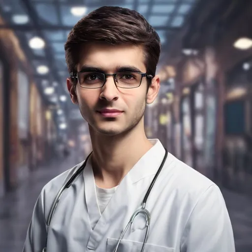 Prompt: blend of artistic portrait and 3d realistic animation 4k realistic image of an average looking medium brown to white skinned Young doctor 25years indian smart guy with stubble in casual clothes and spectacle character description shot portrait 85mm --AR 9:16