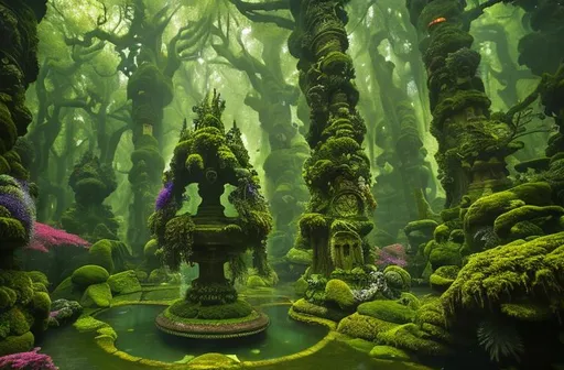 Prompt: Moss covered statues, eyes, widescreen ratio 16:9, 8k, front, full body, Epic action pose, epic Instagram, solar, psychedelic, fog, dusk, Twilight, hyperdetailed, intricately detailed, hyper-realistic, fantastical, intricate detail, WIDESCREEN, complementary colors, concept art, masterpiece, NEON oil painting, heavy strokes, splash arts, Wide Angle, Perspective, Double-Exposure, Light, NEON BLACK Background, Ultra-HD, Super-Resolution, Massive Scale, Perfectionism, Soft Lighting, Ray Tracing Global Illumination, Translucidluminescence, Crystalline, Lumen Reflections, in a symbolic and meaningful style, symmetrical, high quality, high detail, masterpiece, intricate facial detail, intricate quality, intricate eye detail, highly detailed, highly detailed face, Very detailed, high resolution