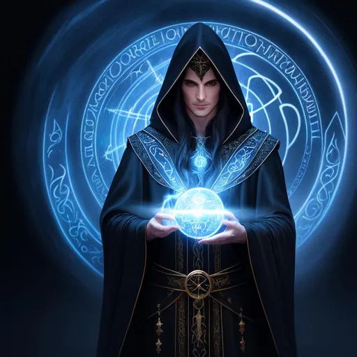 Prompt: front view of male sorcerer standing before a glowing chaotic orb, dark clothing, black jacket with hood, long flowing hair, magical runes, occult, runic symbols, enochian, realistic eyes, apostate, vivid colors, masterpiece, art by HR Giger, dark contrast, 3D lighting, nighttime in the heavens, background