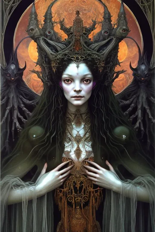 Prompt: symmetrical arcane, close-up portrait beautiful majestic moon goddess, long hair, veil dress, detailed, intricate, by Leonor Fini Callie Fink Roberto Ferri Eleanor Fortescue-Brickdale, super-resolution,  esoteric arcane mystical symbolism, hecate, north mythology