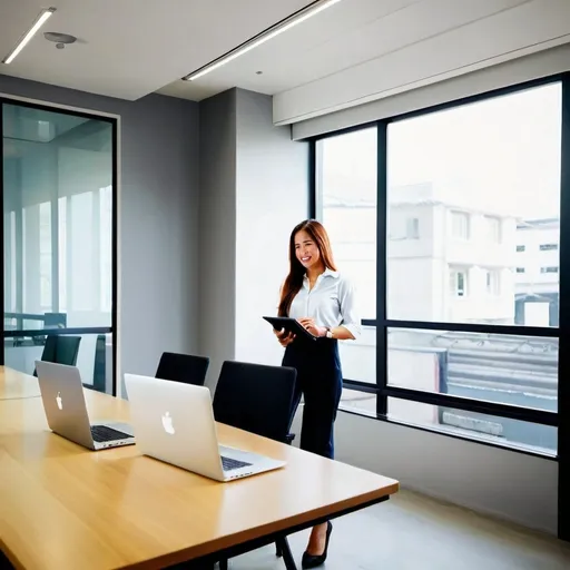 Prompt: asia woman in business casual work with her macbook at her office realistic 