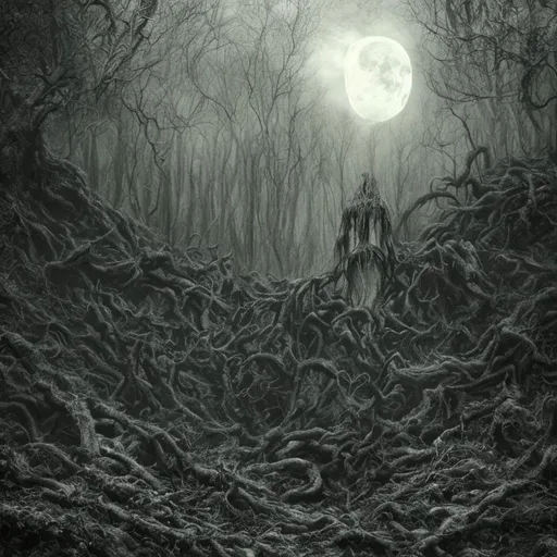 Prompt: goth,deep,dark,creature,lurking,ultra realistic,lost soul,elden ring,landscape,moon,lost forest,mountain