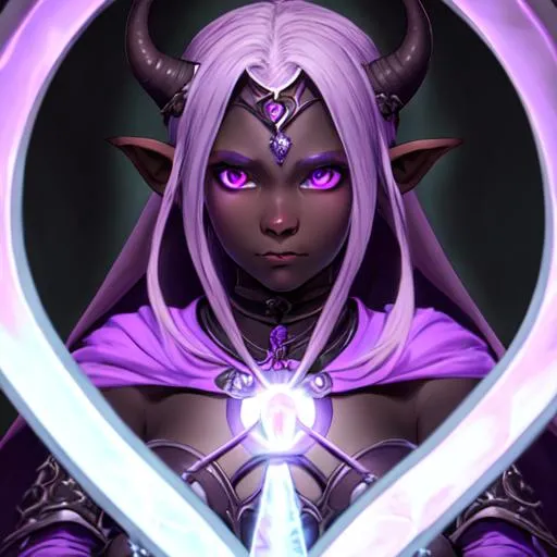 Prompt: Portrait of an adolescent, scared, innocent, beautiful tiefling girl with very dark ash skin, wearing thieve's garb holding two glowing, light purple psionic daggers in front of her chest