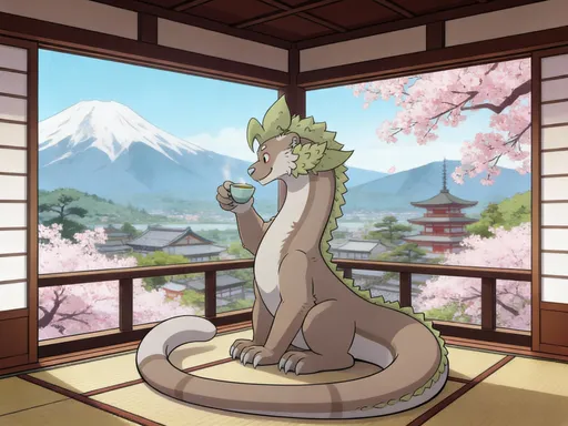 Prompt: A smiling dragon with a long body and tail with tan fur and leaf mane drinking tea overlooking a japanese view from a teahouse