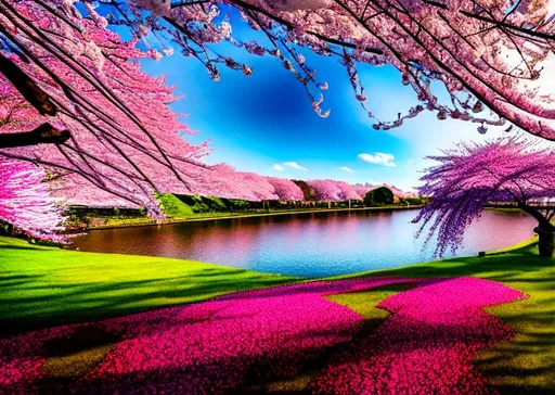 Prompt: long shot scenic professional photograph of cherry blossom, perfect viewpoint, highly detailed, wide-angle lens, hyper realistic, with dramatic sky, polarizing filter, natural lighting, vivid colors, everything in sharp focus, HDR, UHD, 64K