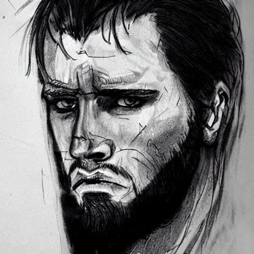 Prompt: the face of a rugged man with a sharp jawline and a scar in a sketch art stile
