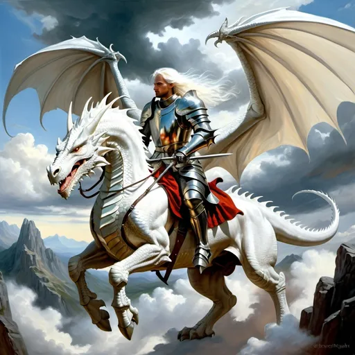 Prompt: Dragon rider Chivalric Knight in realistic oil painting, flying through the sky, majestic white dragon with vibrant white scales, white ethereal wings, flowing white hair, fierce expression, mythical landscapes, high fantasy, oil painting, vibrant colors, epic scale, detailed armor, stunning face, atmospheric lighting, professional, highres, fantasy, oil painting, dragon rider, Chivalric Knight , flying, majestic, ethereal, fierce expression, pale colors, high fantasy