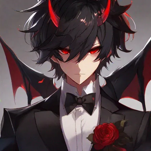 Prompt: Damien  (male, short black hair, red eyes) demon form, wearing a tuxedo, fighting, wearing a crown
