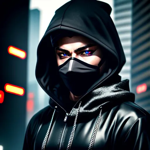 Prompt: Young man with money sign skimask , black and grey cyberpunk outfit with a hood, Hyperrealistic, sharp focus, Professional, UHD, HDR, 8K, Render, electronic, dramatic, vivid, pressure, stress, nervous vibe, loud, tension, traumatic, dark, cataclysmic, violent, fighting, Epic