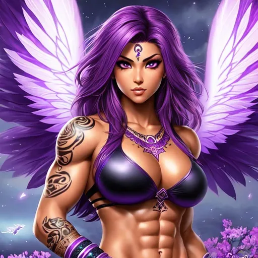 Prompt: Asura, {tan skin}, {purple hair}, {violet eyes}, female, perfect body, muscle woman, {short stack}, {photo realistic}, {cover art}, ethereal, {tribal tattoos}, {gossamer skin}, {large angelic wings}