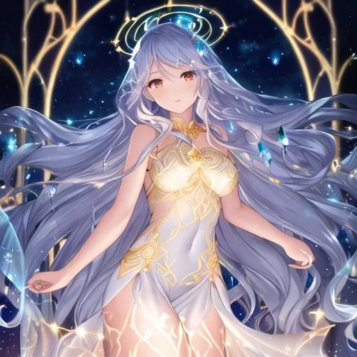 Anime queen with long white hair, blue eyes and tanned skin