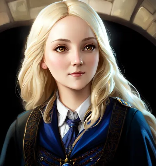 Prompt: a detailed portrait of Luna Lovegood wearing Ravenclaw outfit, by justin gerard and greg rutkowski, digital art, realistic painting, dnd, character design, trending on artstation, in the halls of Hogwarts, hare running around