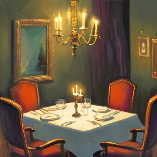 Prompt: A painting of a table set for a candlelit dinner at night