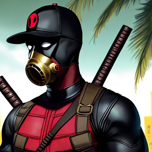 deadpool waring a gold gas mask and a backwards blac... | OpenArt