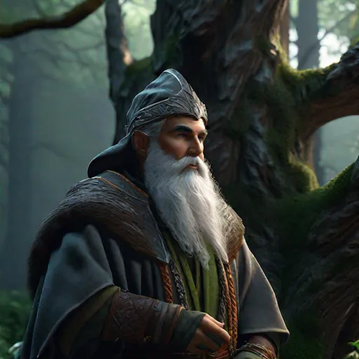 Prompt: D&d druid in the forest, long grey beard, highly detailed, professional, render, Sharp focus, HD, UHD, HDR, hyperrealistic 