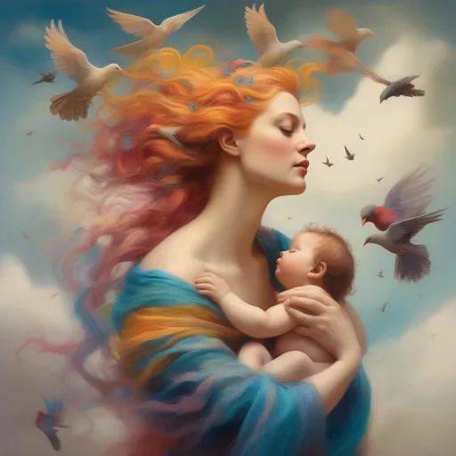 Prompt: A colourful and beautiful Persephone, with her hair being made out of clouds, cradling her baby with birds in flight around her in a painted styl