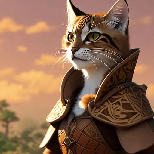 Prompt: A female tabaxi with tortoiseshell patterned fur, wearing leather armor. Her face wears a roguish smile in the style of Studio Ghibli