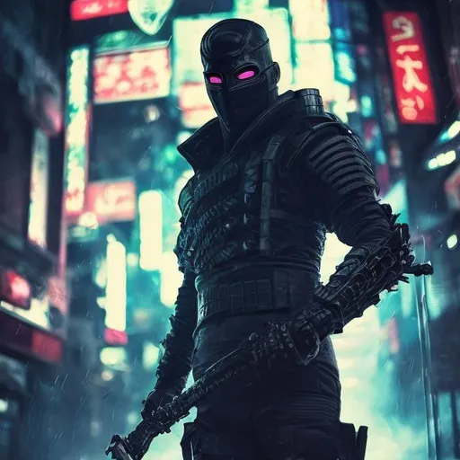 Prompt: Original villain. Future military armour. Black and neon. Slow exposure. Detailed. Male masked. Blade in hand. Dirty. Dark and gritty. Neo Tokyo. Futuristic. Shadows. Sinister. Evil