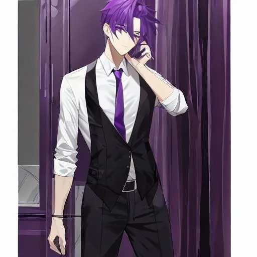 Prompt: male, purple hair, purple eyes, tall, handsome
