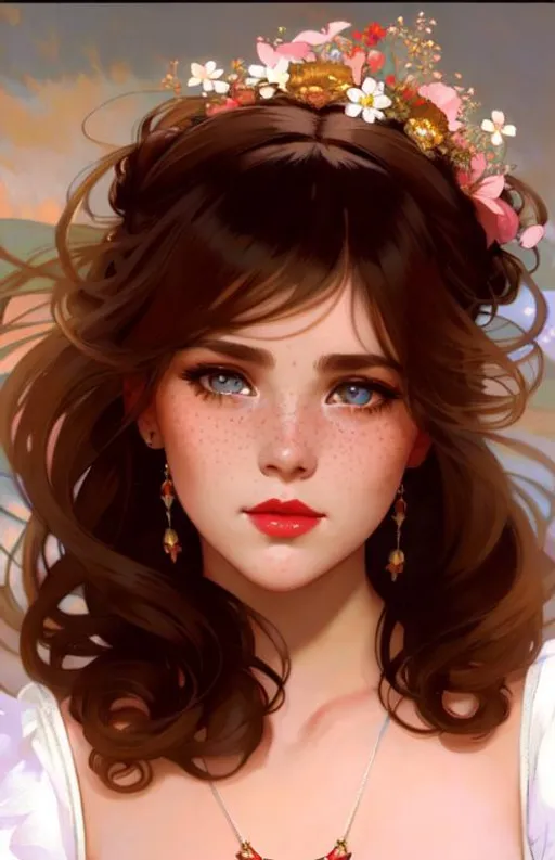 Prompt: Cute girl with freckles, high bun, breton dress, intricate, detailed face. by Ilya Kuvshinov and Alphonse Mucha. Dreamy, pastel colors, honey, red lips, flowers in hair, stunning necklace, sea